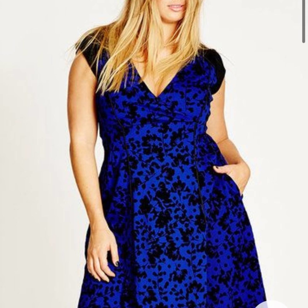 City Chic Cobalt Flocked Cap Sleeve Dress Womens Plus Size 16